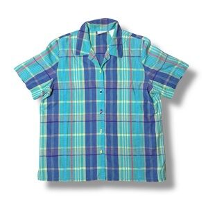 Y2K Napa Valley Seersucker Plaid Shirt Parrot Buttons Vacation Top L